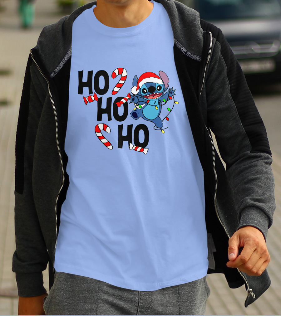 Stitch Ho Ho Ho Christmas Lights And Candy Canes T-Shirt