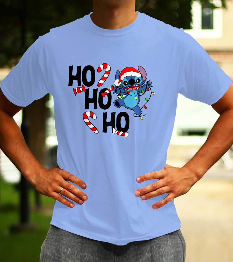 Stitch Ho Ho Ho Christmas Lights And Candy Canes T-Shirt
