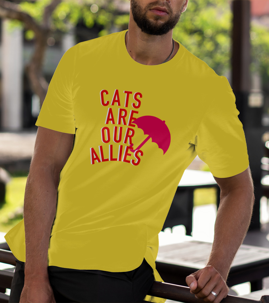 Jortsthecat Cats Are Our Allies Red Umbrella Yellow Background T-Shirt
