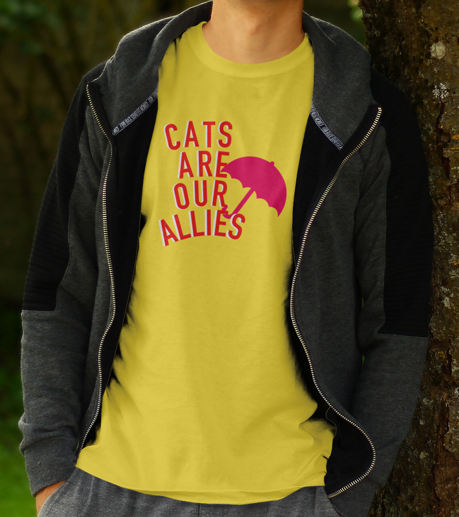 Jortsthecat Cats Are Our Allies Red Umbrella Yellow Background T-Shirt