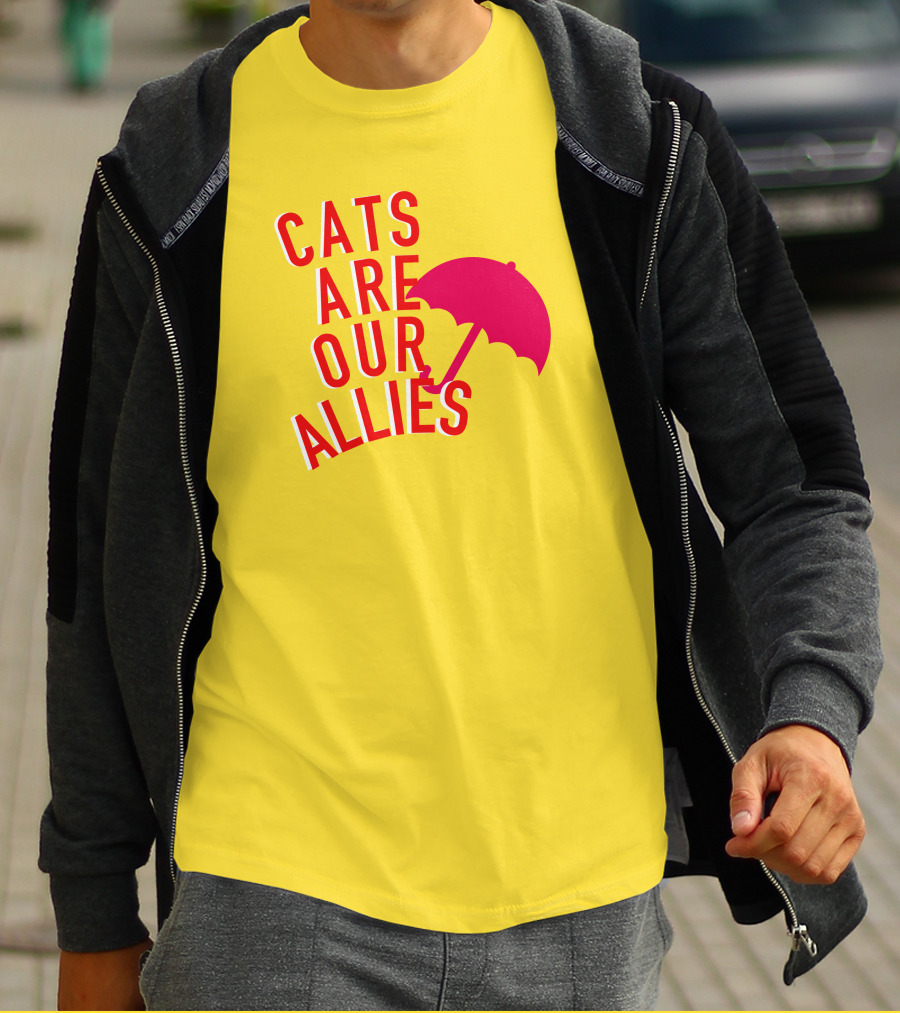 Jortsthecat Cats Are Our Allies Red Umbrella Yellow Background T-Shirt