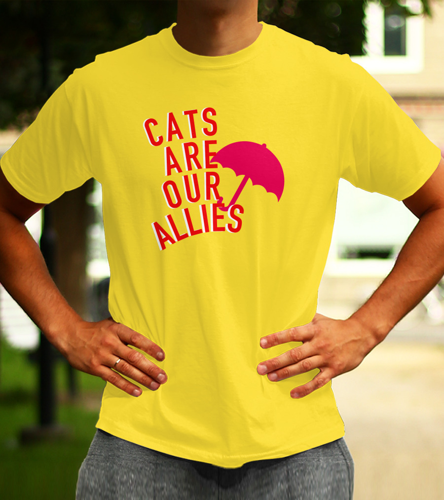Jortsthecat Cats Are Our Allies Red Umbrella Yellow Background T-Shirt