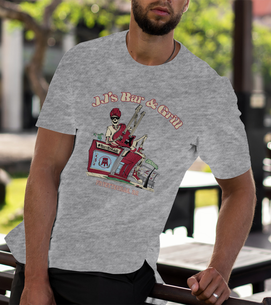 JJ's Bar And Grill Fayetteville AR Best Barstools Skeleton Playing Guitar T-Shirt