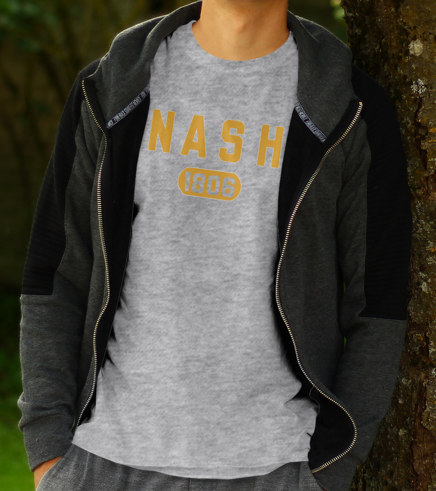Nash 1806 Retro Varsity Style Yellow Text On Gray Background T-Shirt