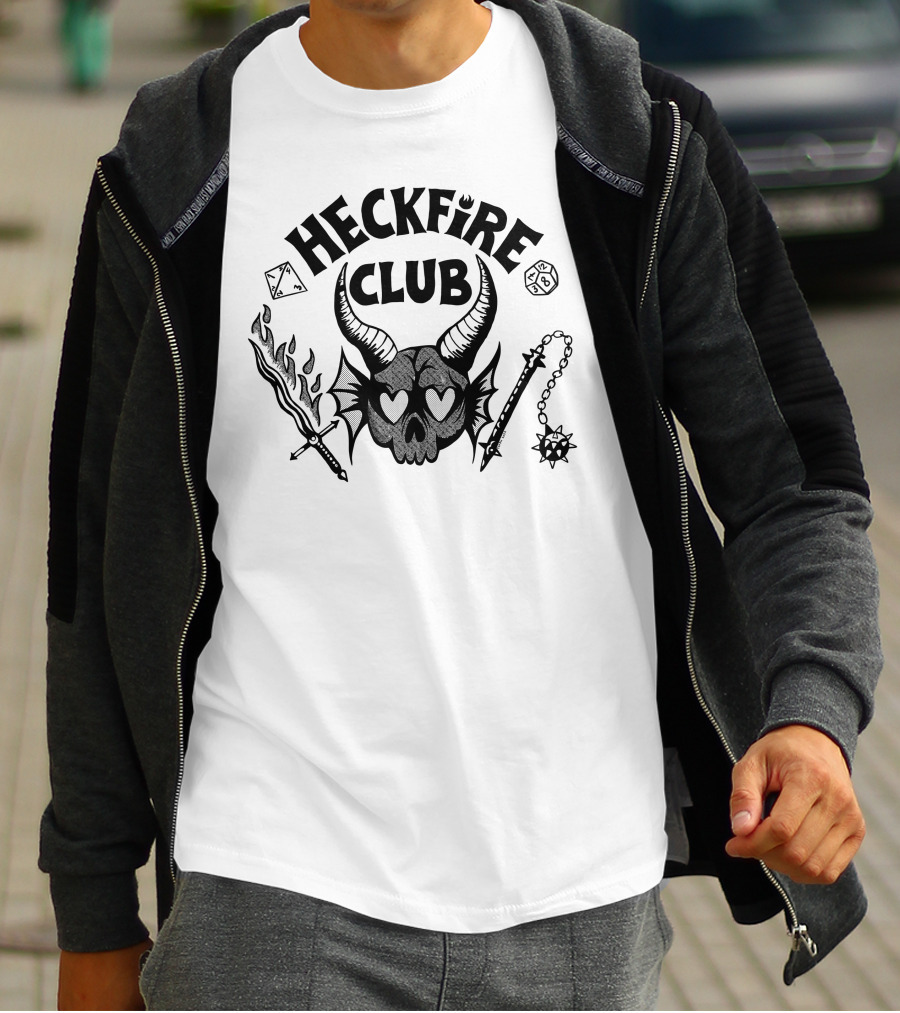 Heckfire Club Hawkins Leather Skull With Horns And Fantasy Dice T-Shirt