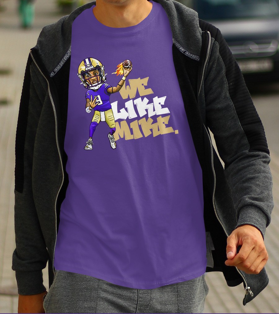 We Like Mike Football Character In Purple And Gold Gear Holding Flaming Ball T-Shirt