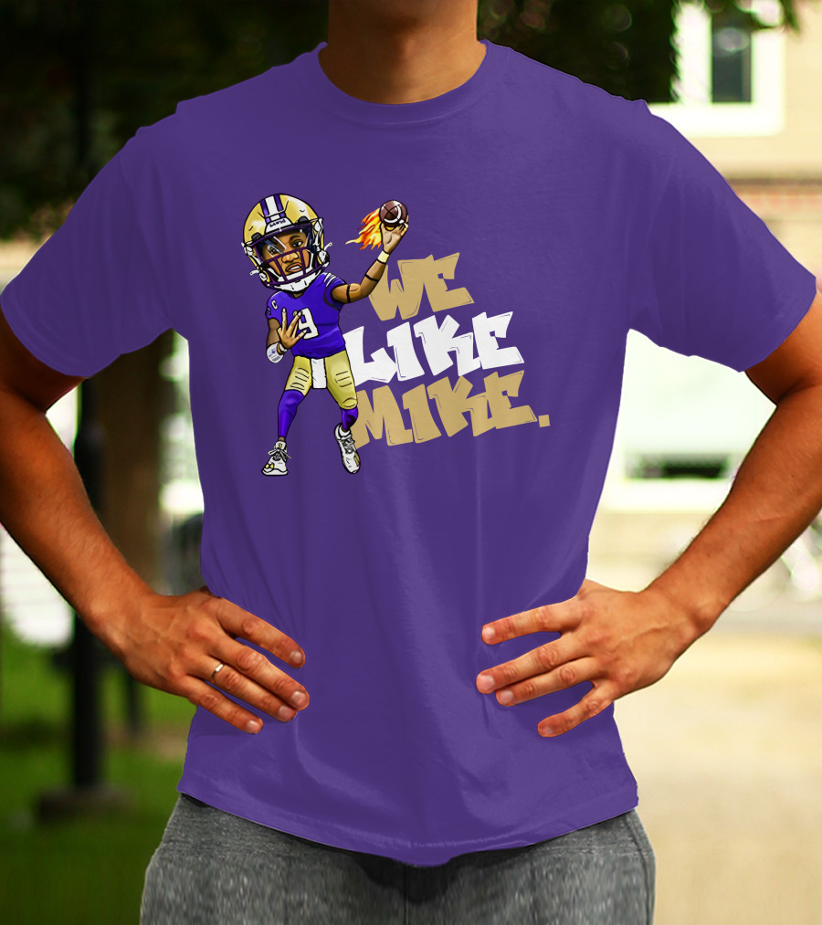 We Like Mike Football Character In Purple And Gold Gear Holding Flaming Ball T-Shirt