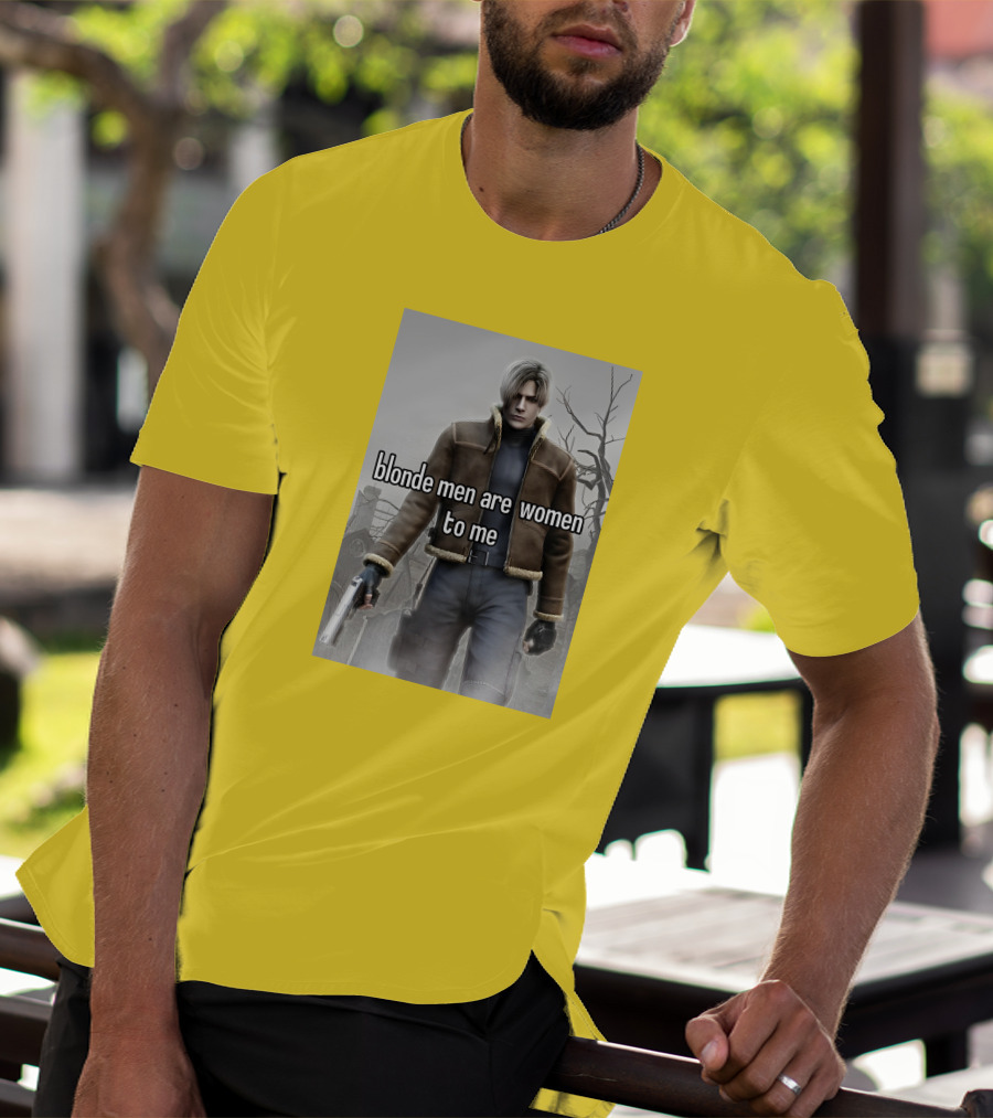 Blonde Men Are Women To Me Resident Video Game Character Brown Jacket Gun T-Shirt