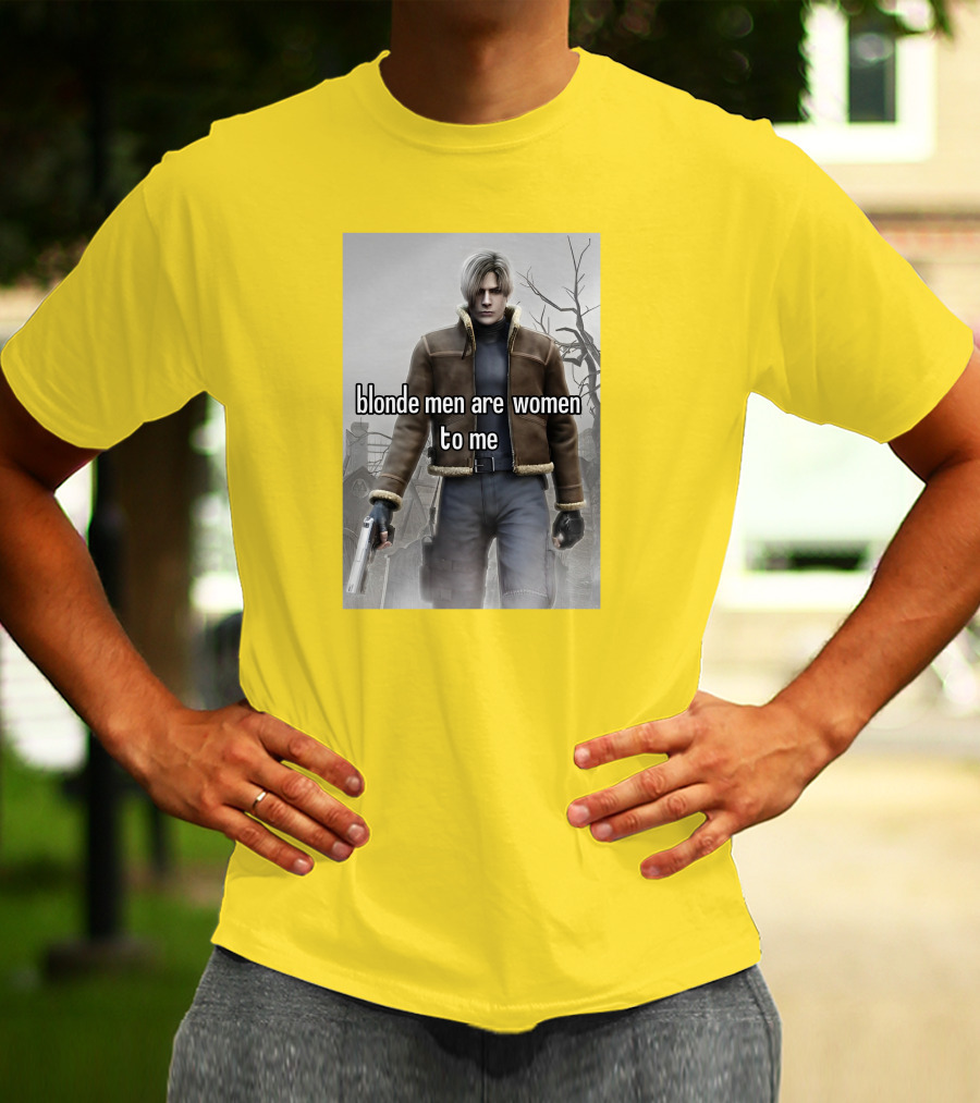 Blonde Men Are Women To Me Resident Video Game Character Brown Jacket Gun T-Shirt