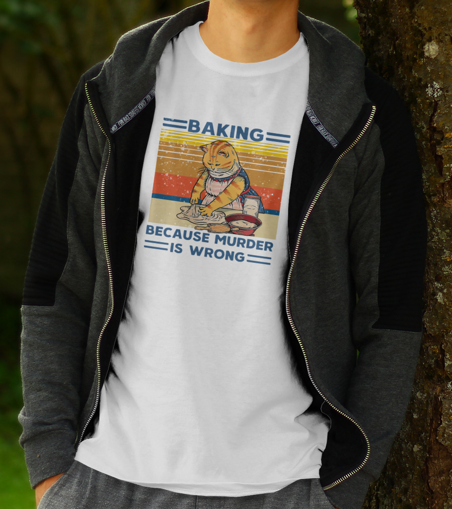 Baking Because Murder Is Wrong Cat Retro Style Nigel Simmonds T-Shirt