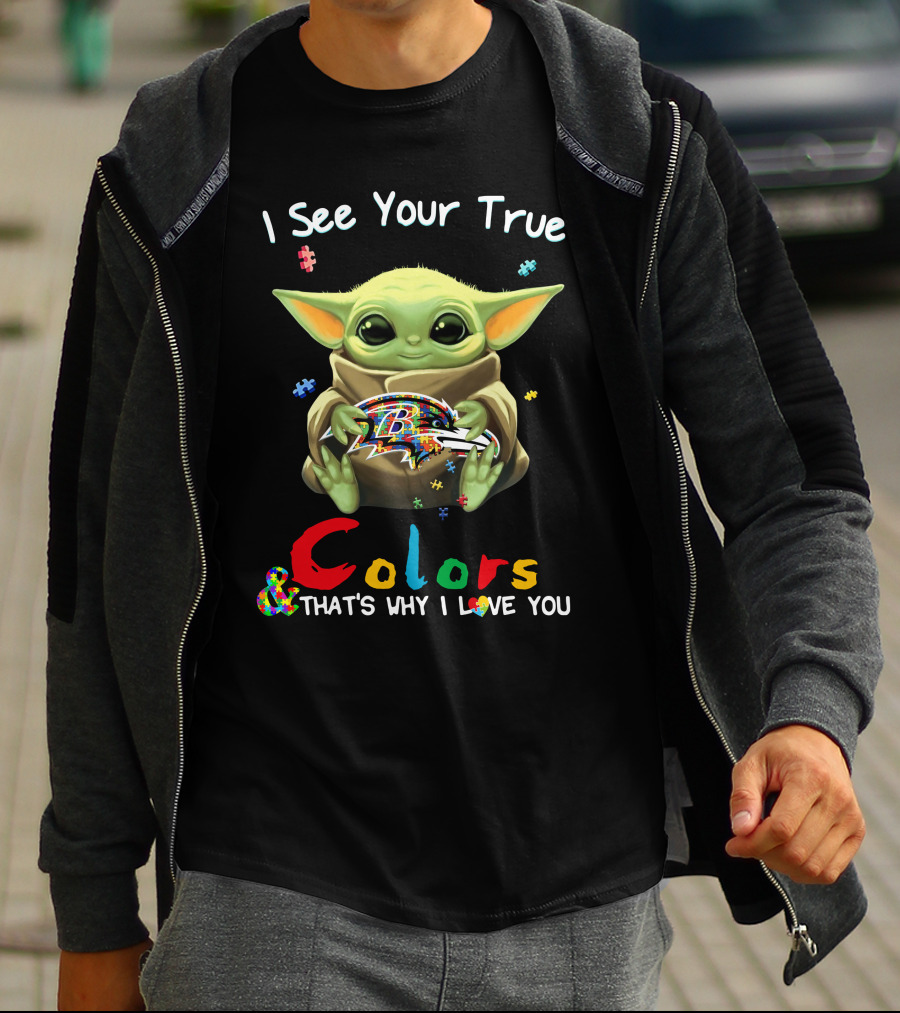 I See Your True Colors Baltimore Ravens Baby Yoda Puzzle T-Shirt