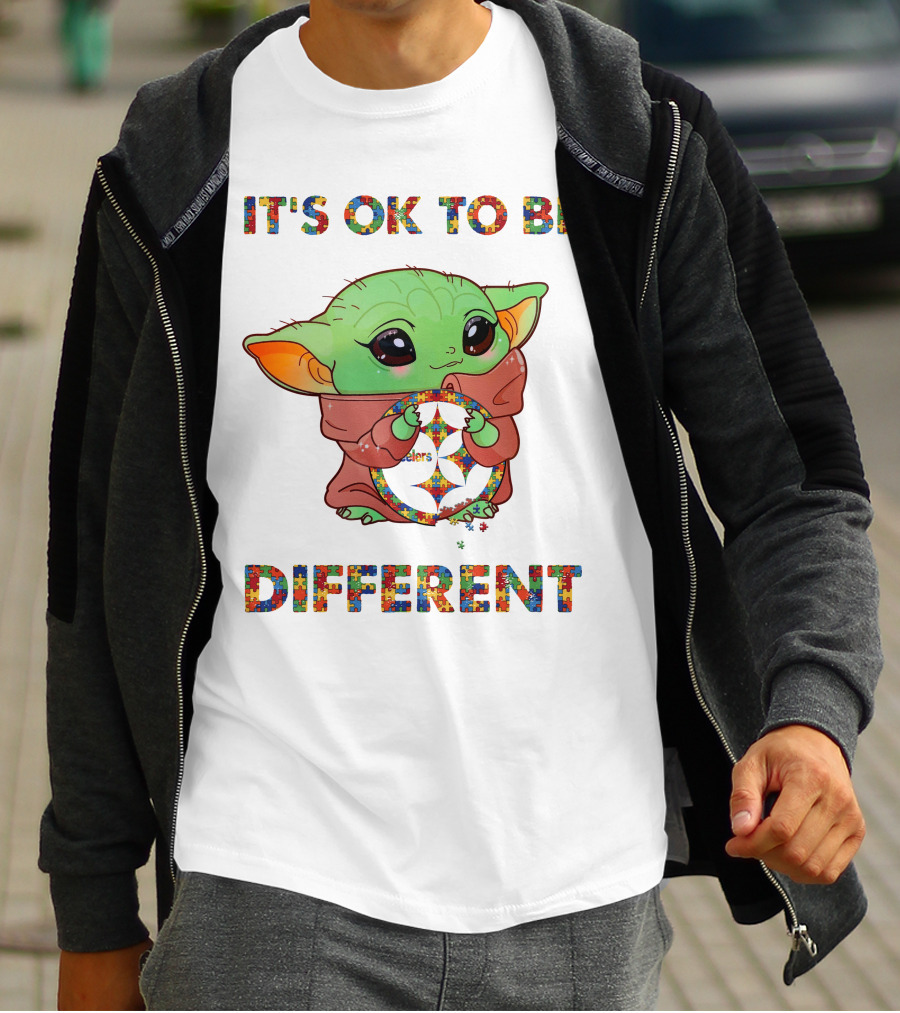 It's Ok To Be Different Baby Yoda Holding Pittsburgh Steelers T-Shirt