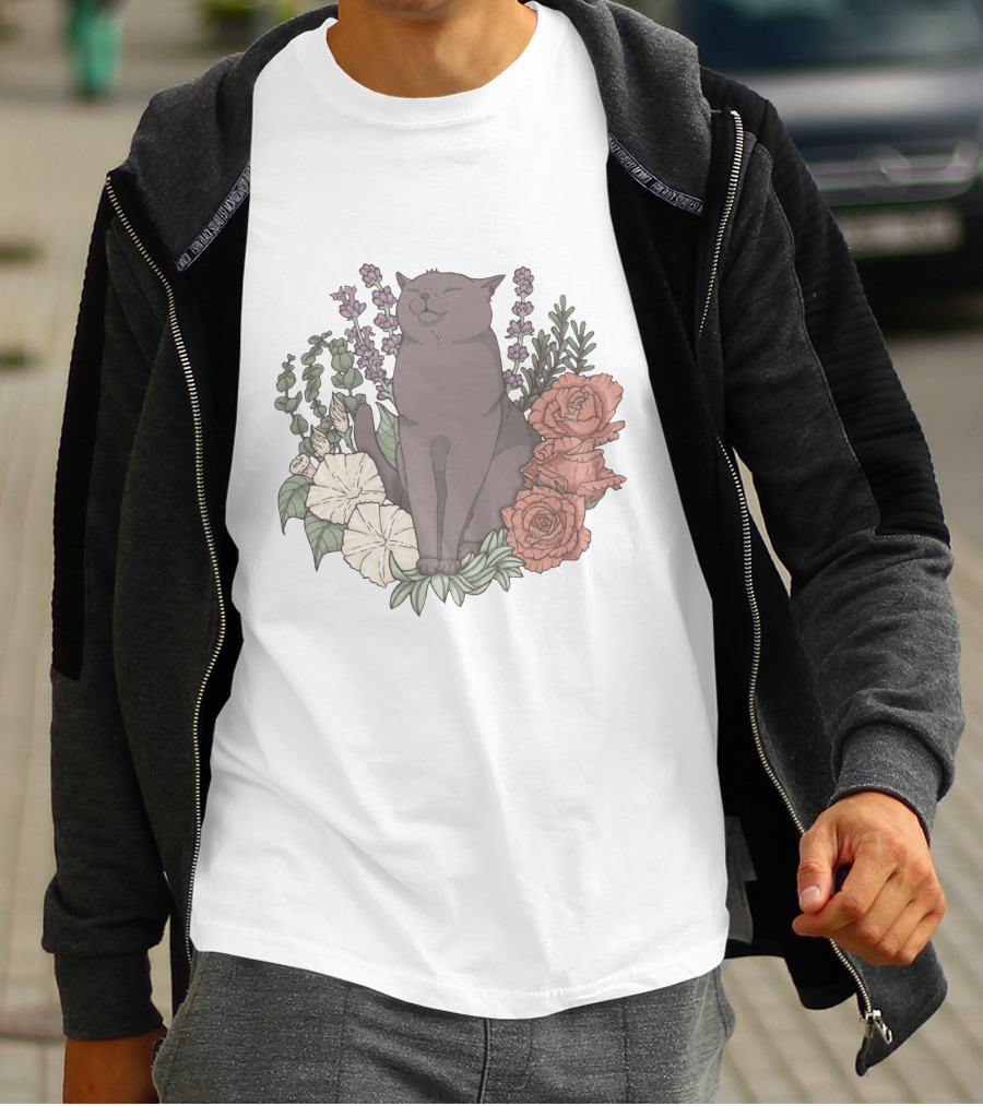 Blissful Cat Surrounded By Autumn Floral Breeze T-Shirt