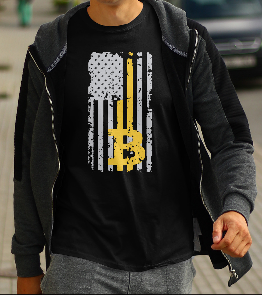 Bitcoin Logo On Distressed American Flag Background T-Shirt