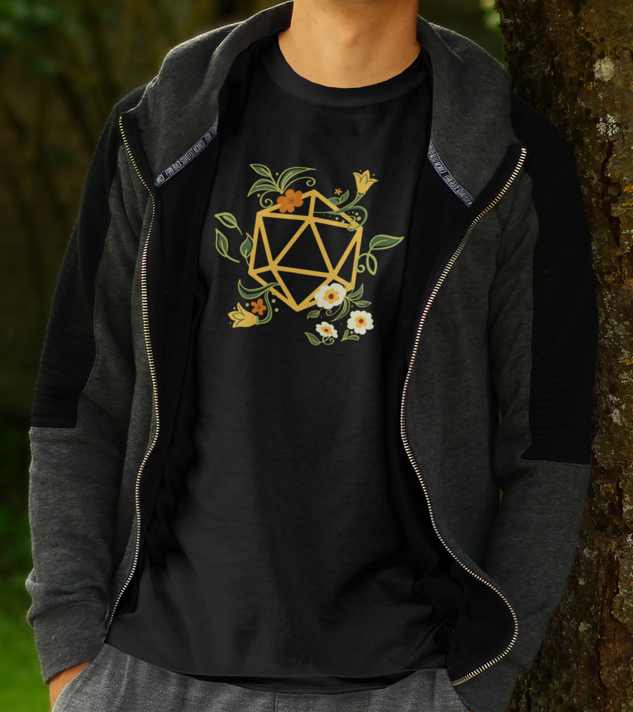 Geeky Polyhedral D20 Dice Set With Floral Plant Elements T-Shirt