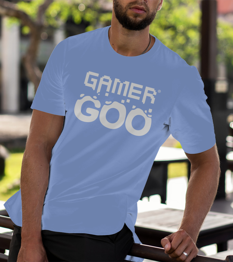 Gamer Goo Retro Pixel Font Blue Background T-Shirt