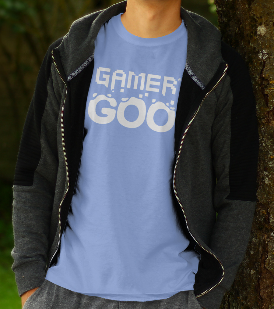 Gamer Goo Retro Pixel Font Blue Background T-Shirt