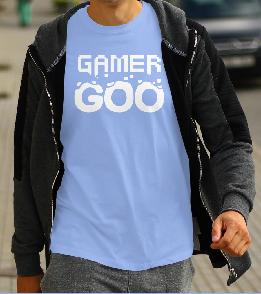 Gamer Goo Retro Pixel Font Blue Background T-Shirt