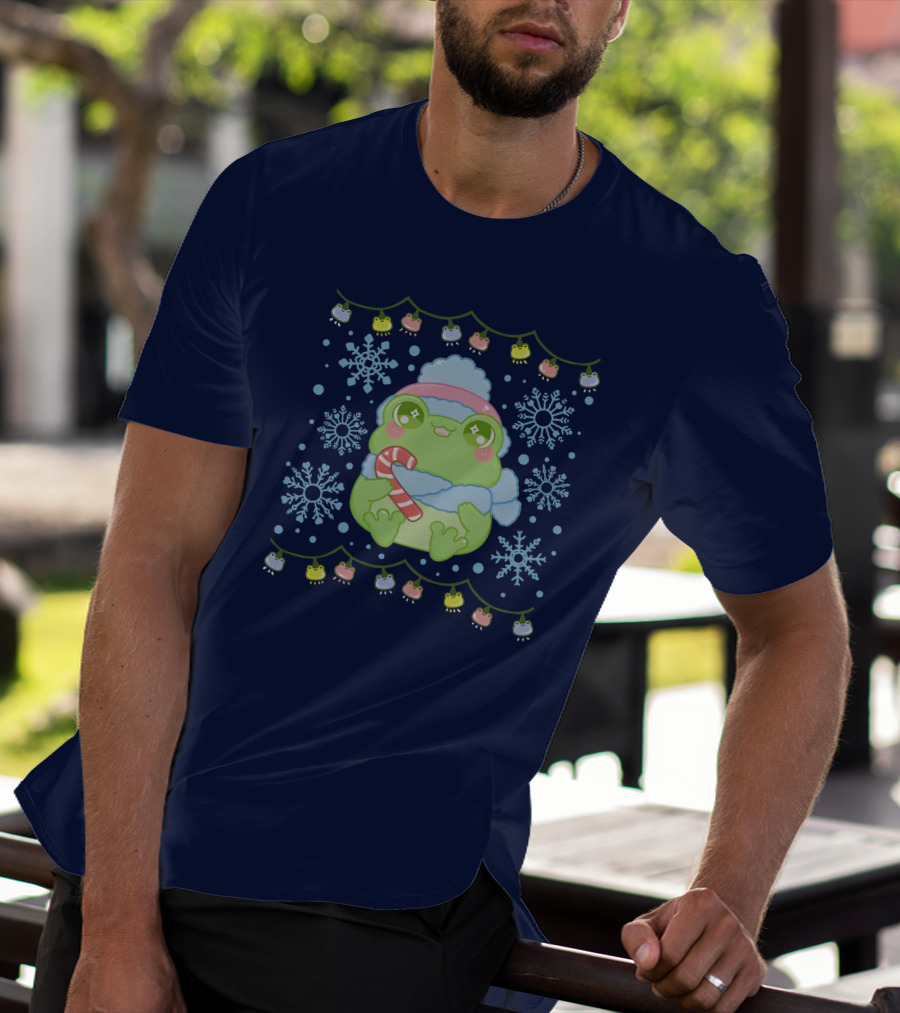 Merry Frogmas Cute Winter Frog With Candy Cane And Snowflakes T-Shirt