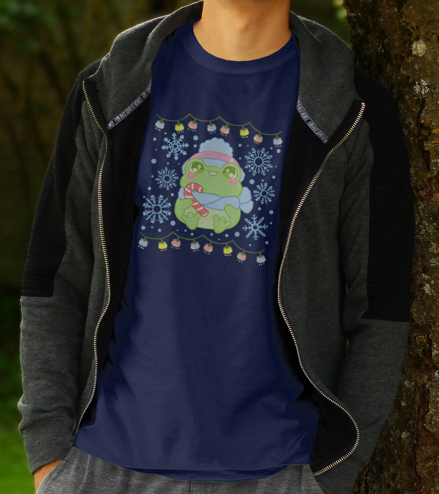 Merry Frogmas Cute Winter Frog With Candy Cane And Snowflakes T-Shirt