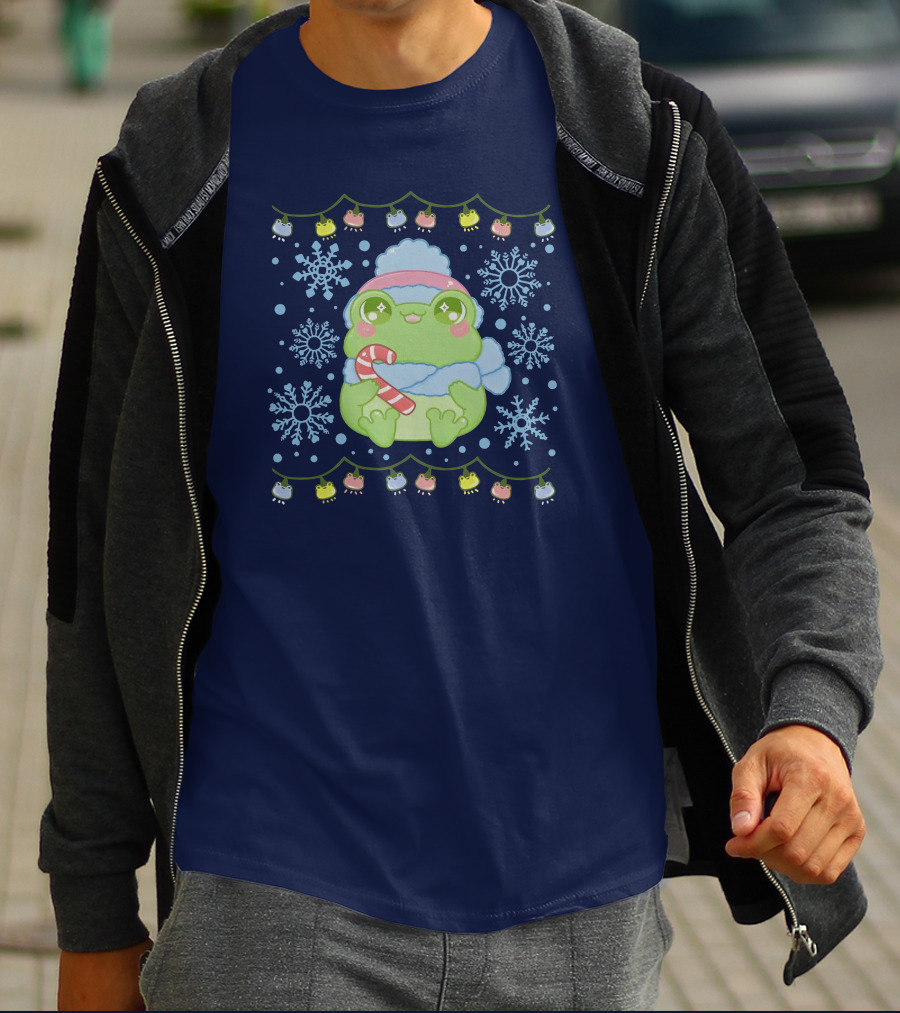 Merry Frogmas Cute Winter Frog With Candy Cane And Snowflakes T-Shirt
