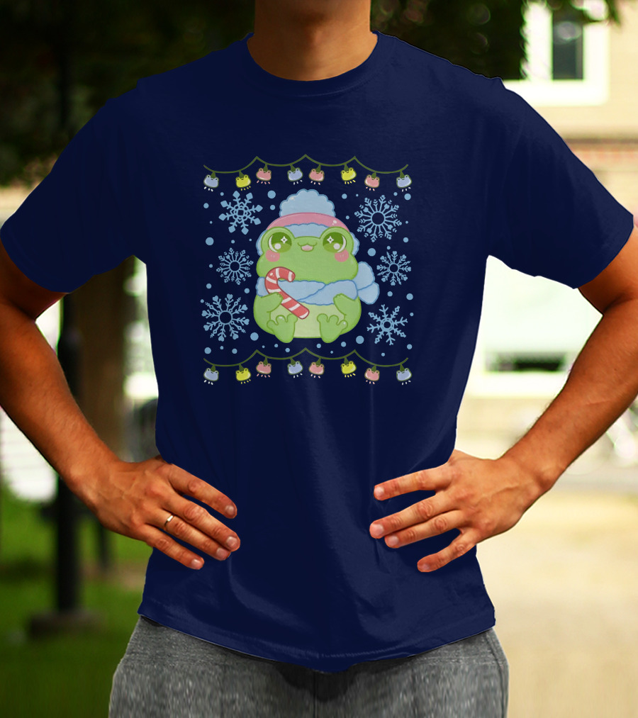 Merry Frogmas Cute Winter Frog With Candy Cane And Snowflakes T-Shirt