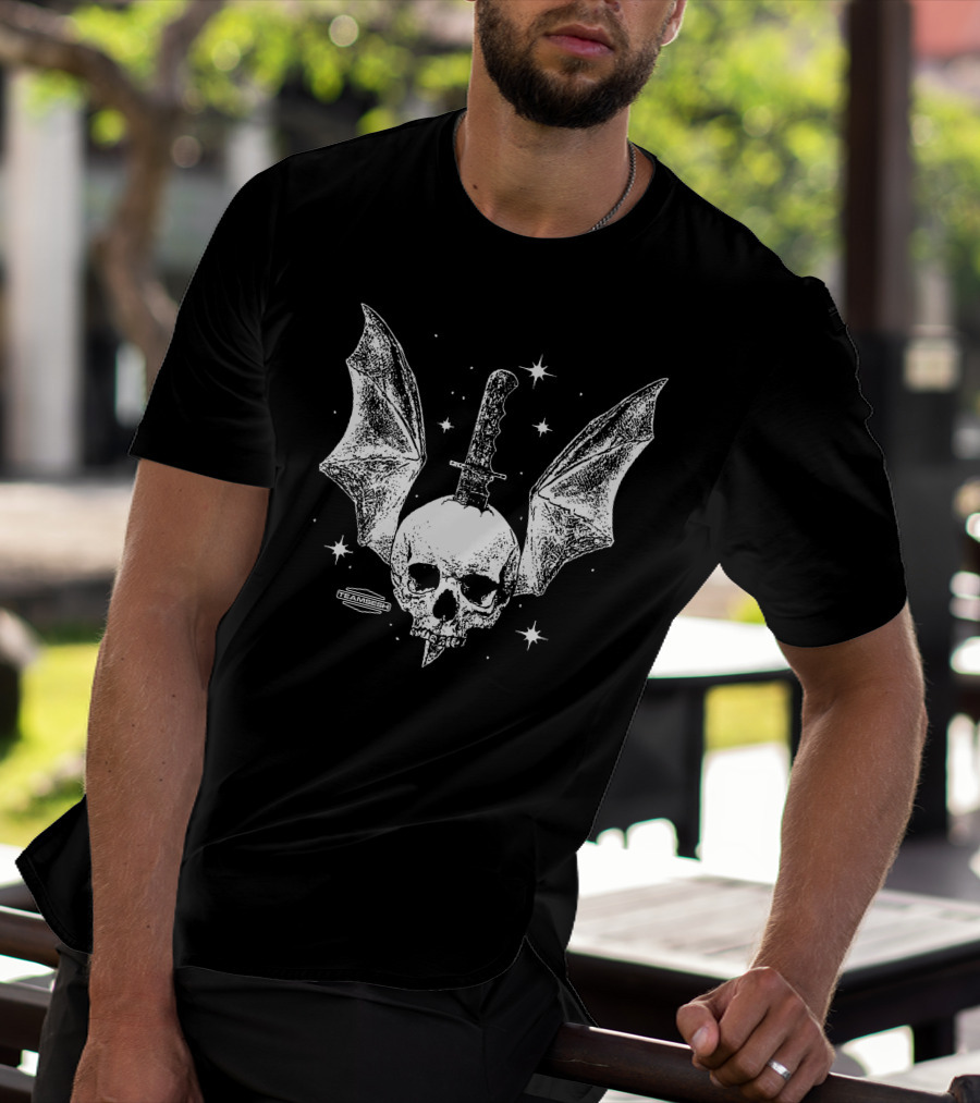 Teamsesh Skull With Bat Wings And Knife Starry Background T-Shirt