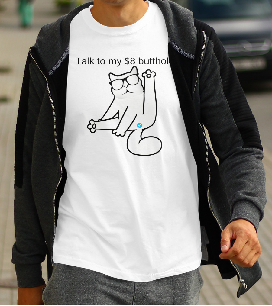 Talk To My $8 Butthole Cat Wearing Glasses Sitting Pose T-Shirt