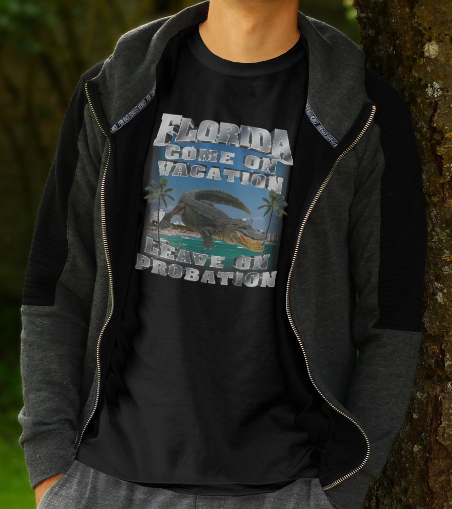 Florida Come On Vacation Leave On Probation Alligator Palm Trees Beach Scene T-Shirt