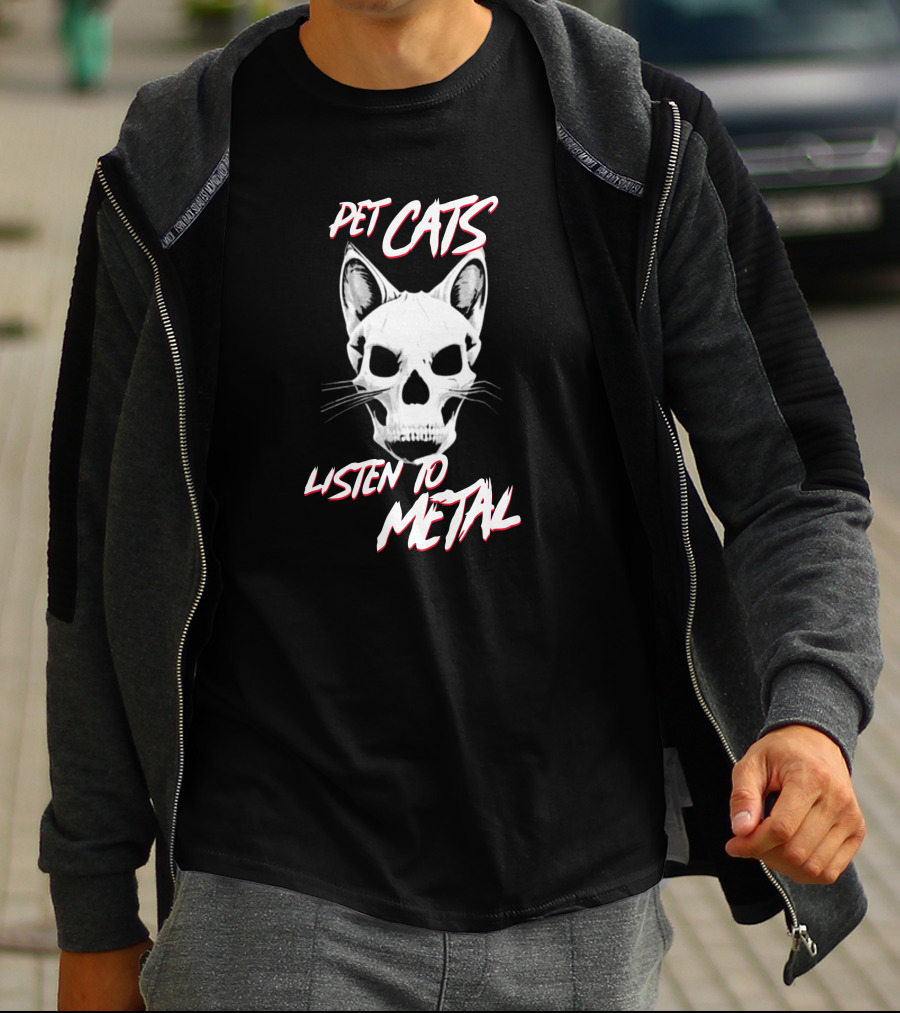 Pet Cats Listen To Metal Skull Cat Head T-Shirt