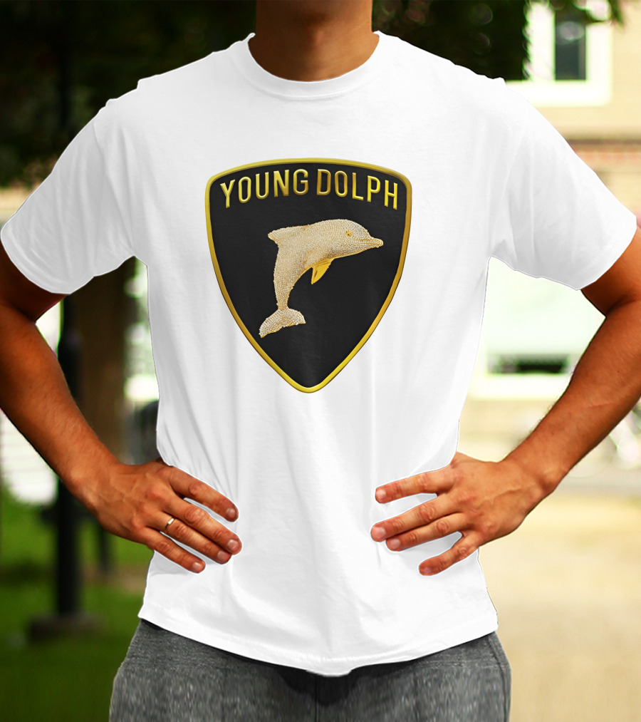 Young Dolph Rich Slave Emblem Gold Dolphin Badge T-Shirt