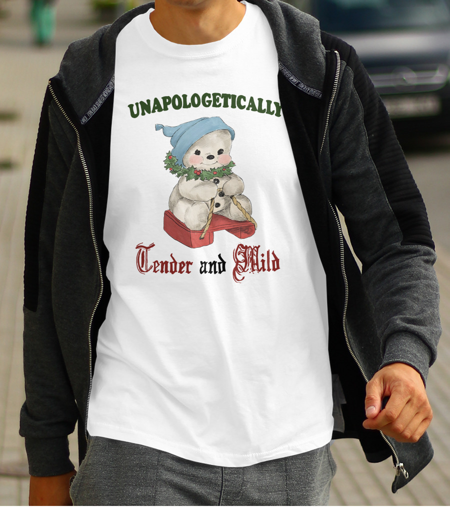 Unapologetically Tender And Mild Snowman With Blue Hat And Holly Garland T-Shirt
