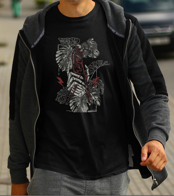 Julien Solomita Plant Energy Skeleton Hand Lightning Monstera Leaves T-Shirt