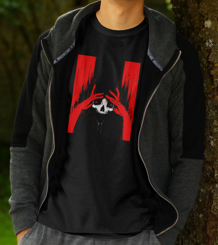 Pitch Canker Overwhelmed Skull In Red And Black T-Shirt