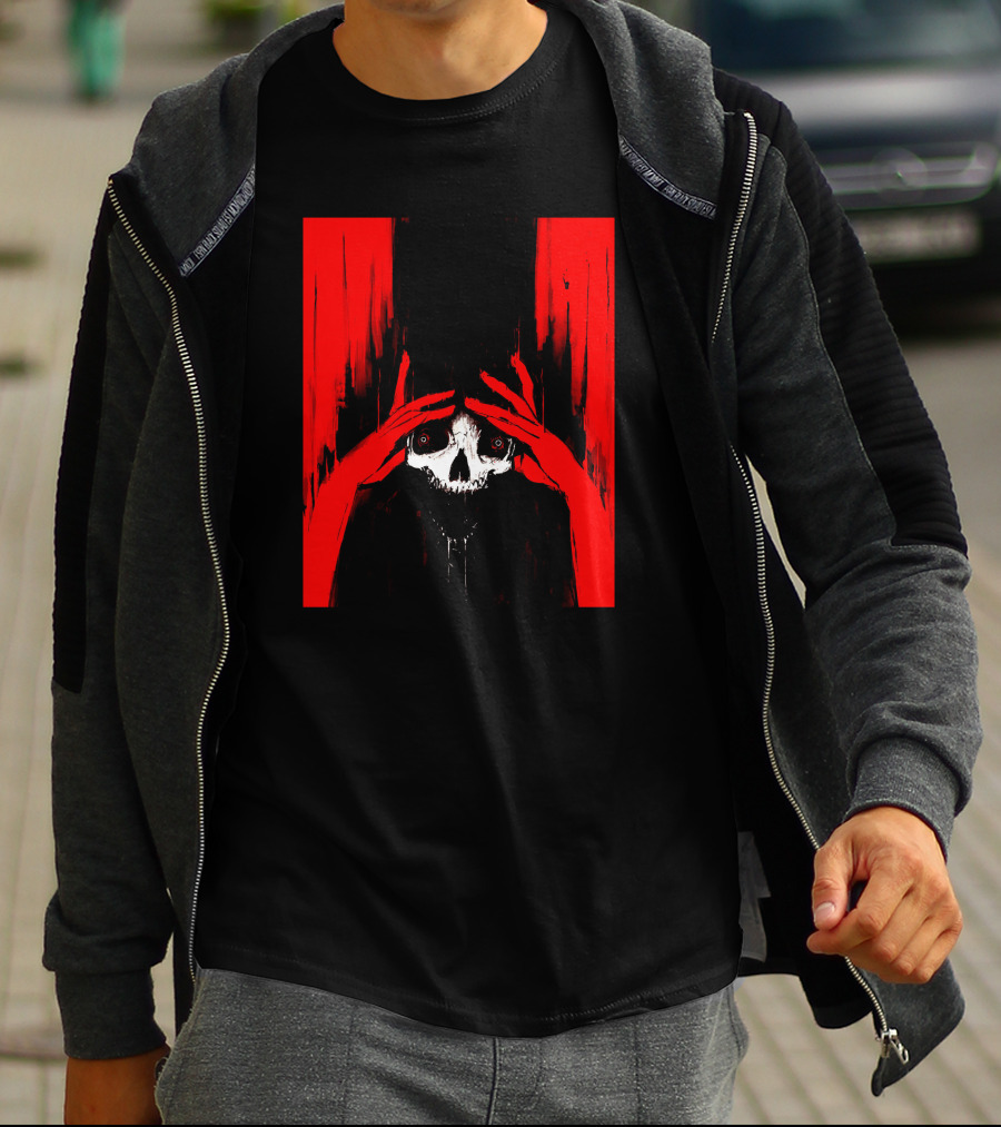 Pitch Canker Overwhelmed Skull In Red And Black T-Shirt