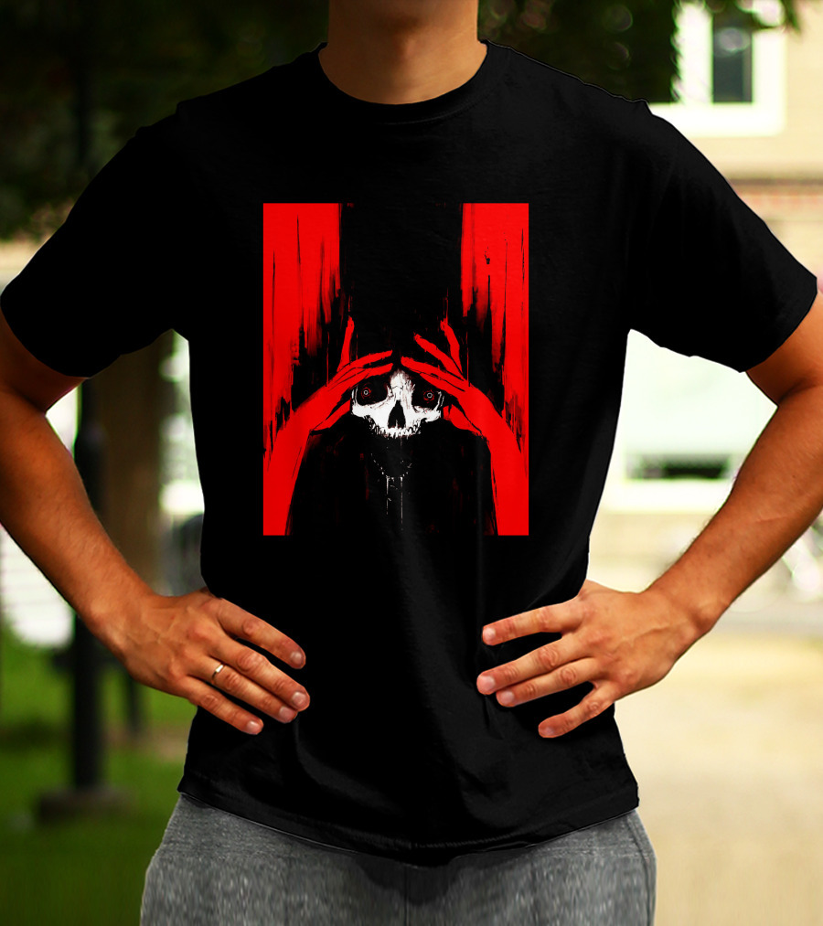 Pitch Canker Overwhelmed Skull In Red And Black T-Shirt