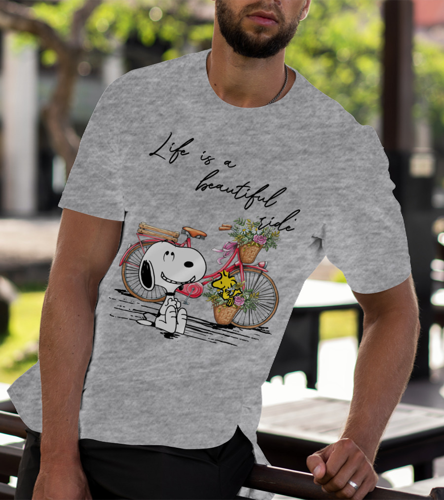 Life Is A Beautiful Ride With Snoopy And Woodstock On Floral Bicycle T-Shirt