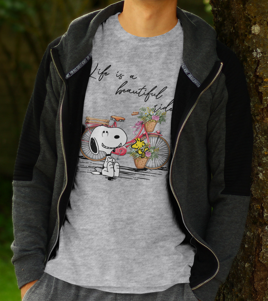 Life Is A Beautiful Ride With Snoopy And Woodstock On Floral Bicycle T-Shirt