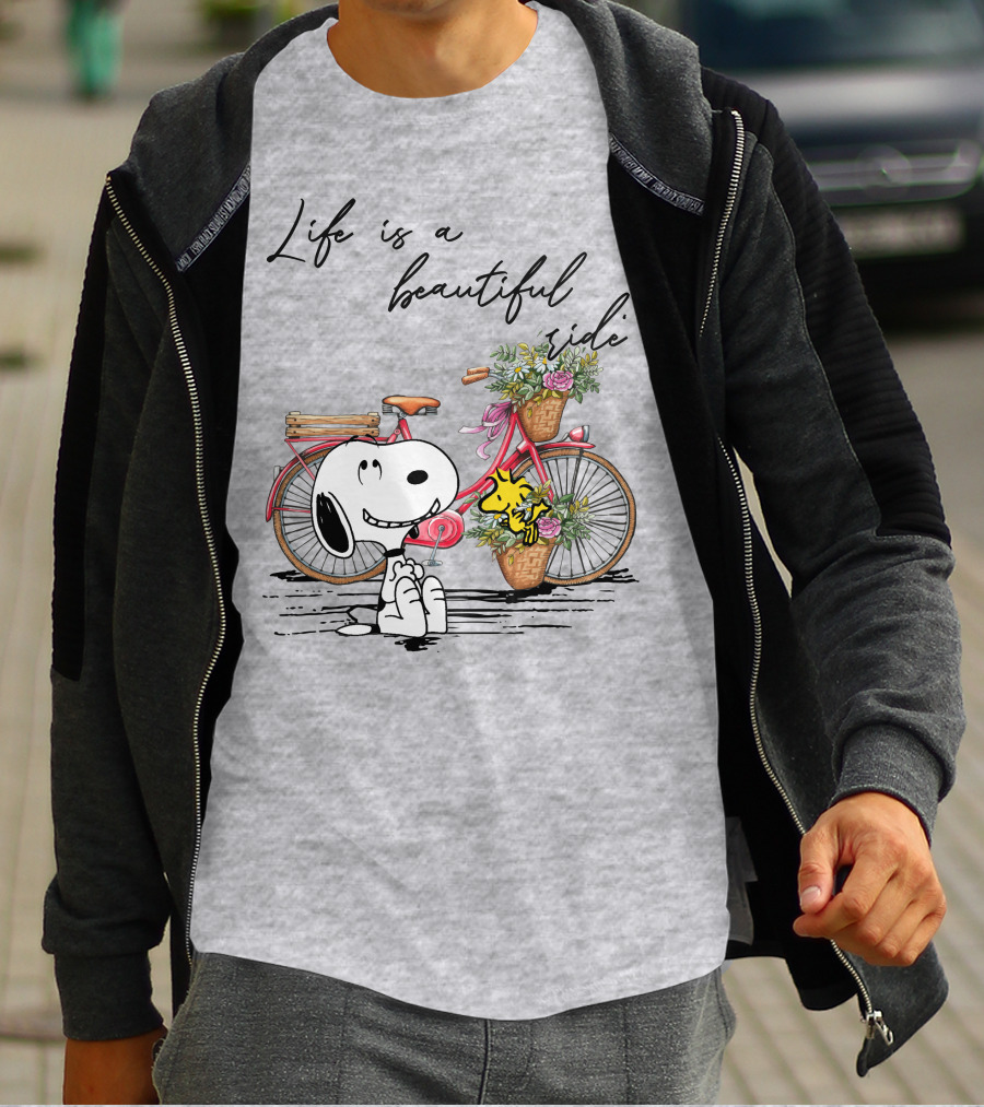 Life Is A Beautiful Ride With Snoopy And Woodstock On Floral Bicycle T-Shirt
