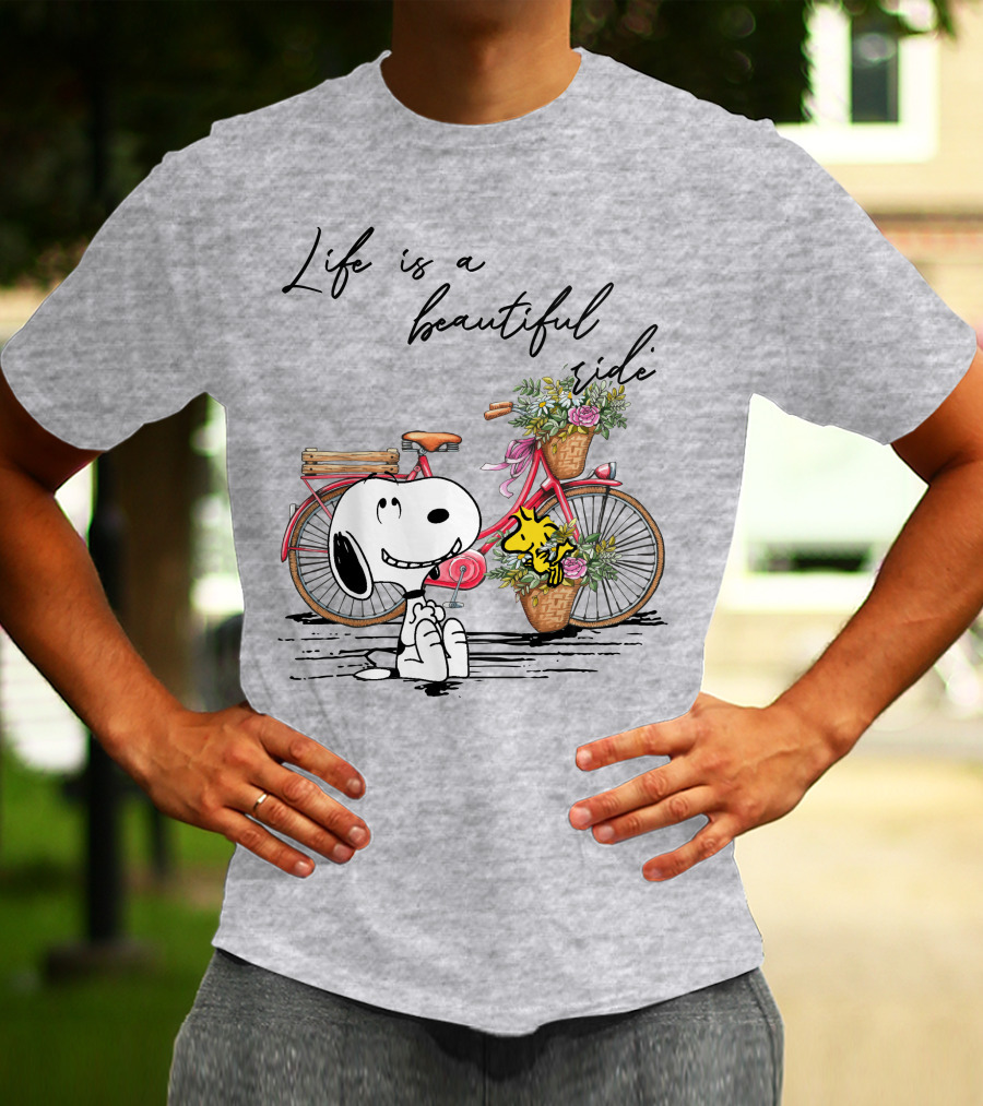 Life Is A Beautiful Ride With Snoopy And Woodstock On Floral Bicycle T-Shirt