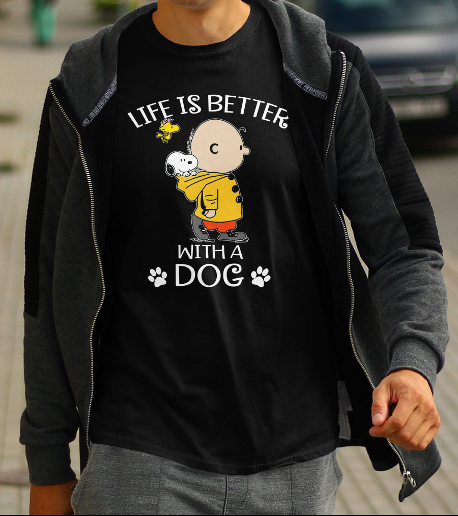 Life Is Better With A Dog Snoopy Charlie Brown Woodstock Paw Prints T-Shirt
