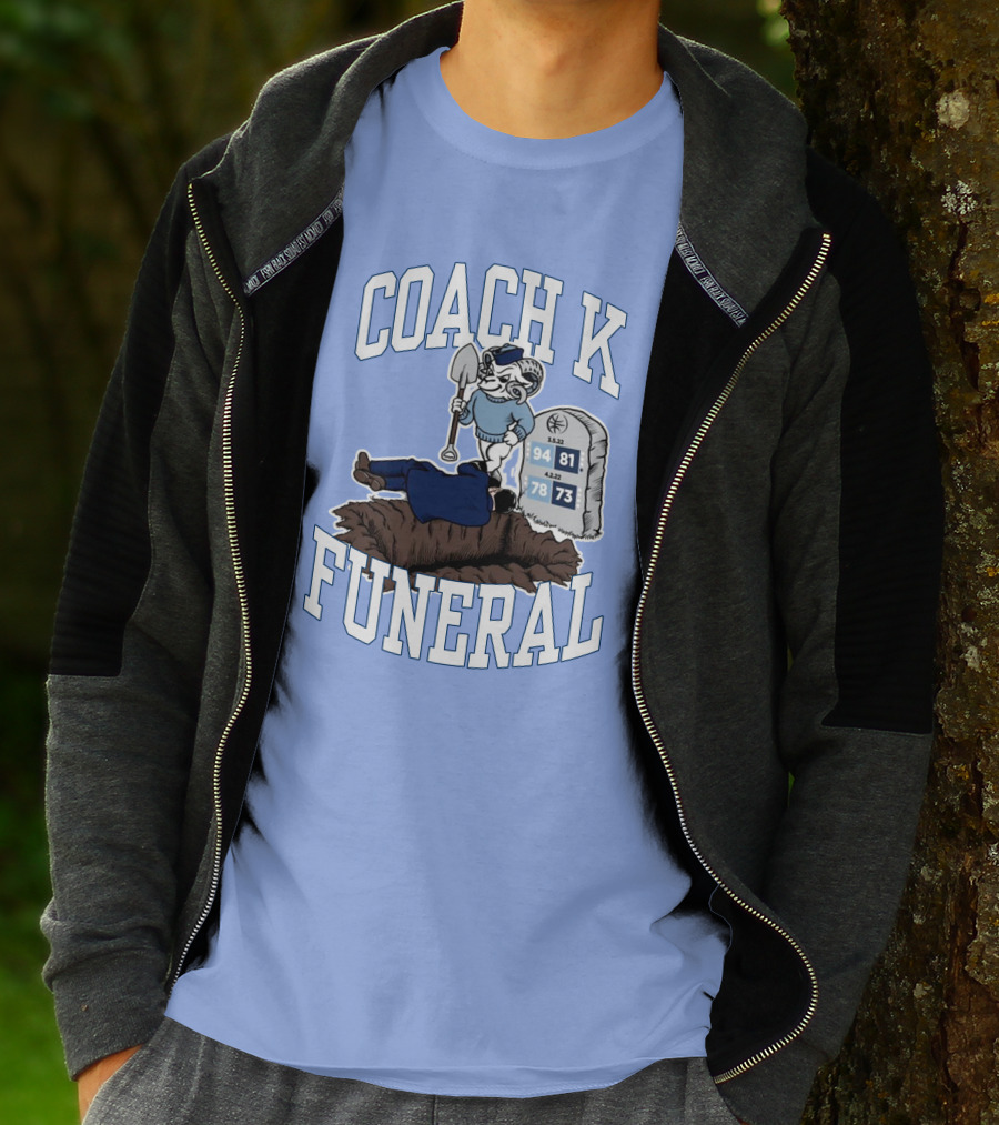 Coach K Funeral Basketball Rivalry Satire Blue Tombstone 94-81 42-78 73-73 T-Shirt