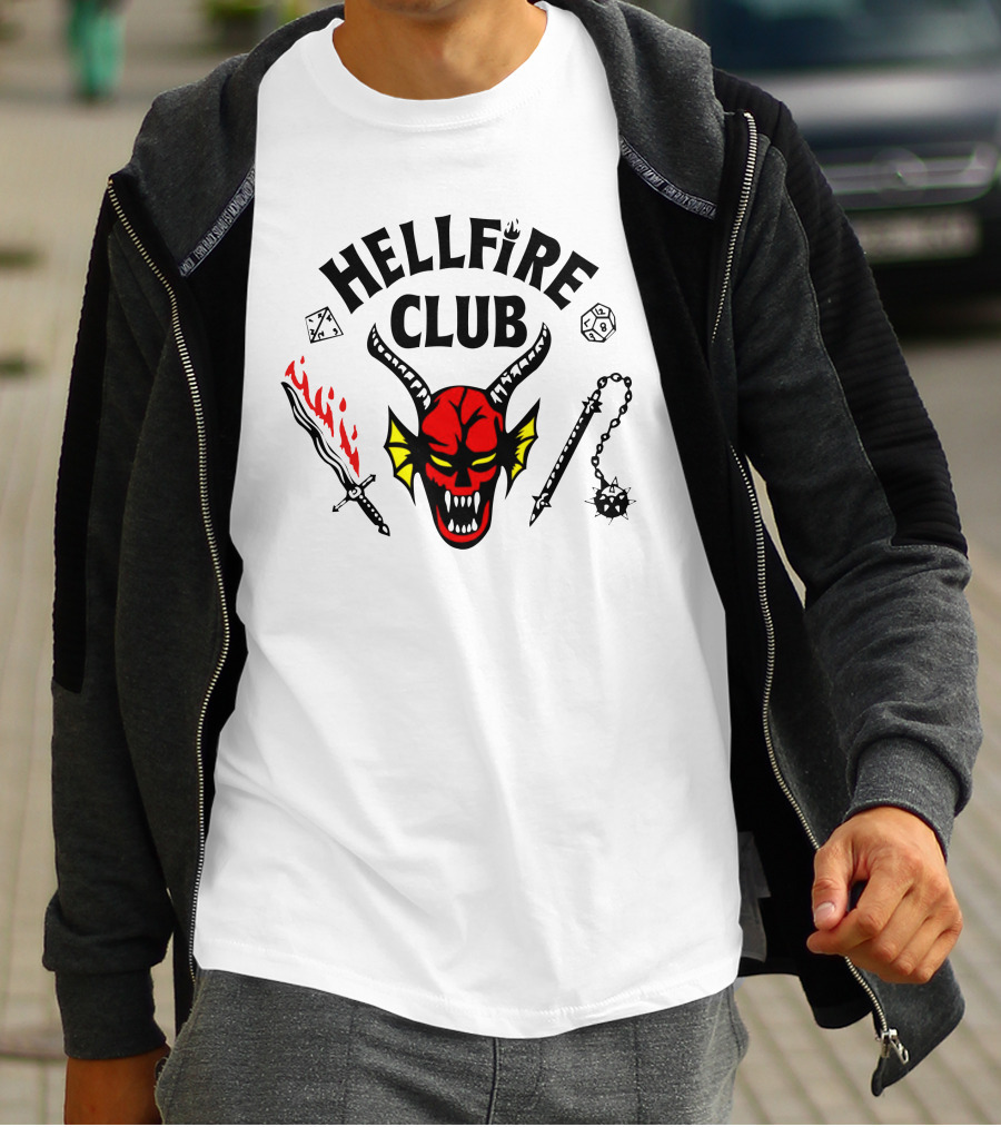 Mike Wheeler Hellfire Club Demon Sword Dice Dungeons Dragons Chains T-Shirt