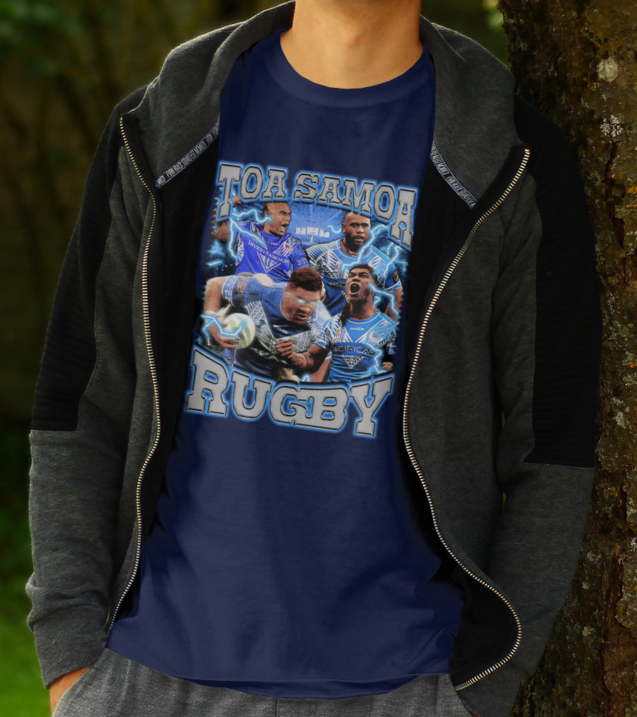 Toa Samoa Rugby Blue Jersey Action Lightning Background T-Shirt