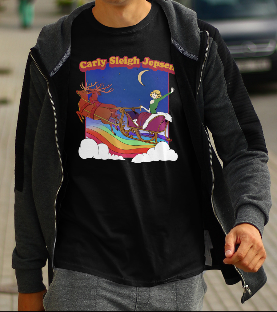 Carly Sleigh Jepsen Christmas Youth Sleigh Ride With Reindeer Retro Rainbow Sky T-Shirt