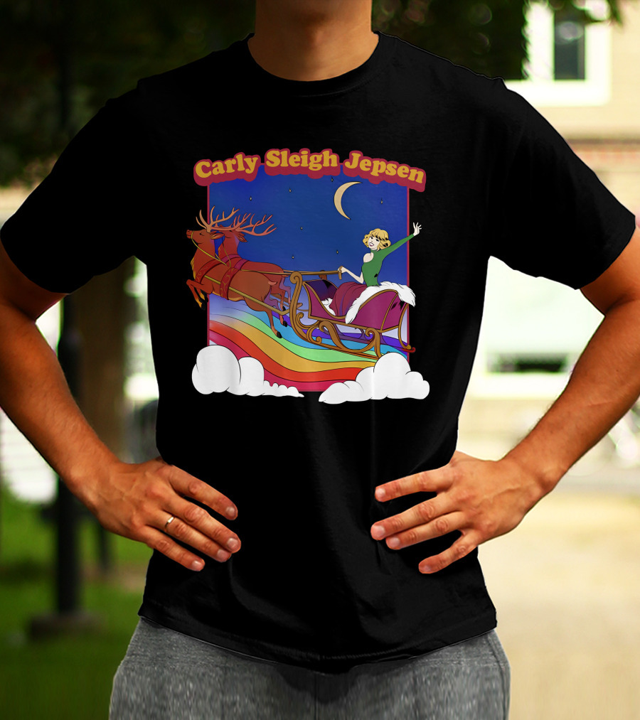 Carly Sleigh Jepsen Christmas Youth Sleigh Ride With Reindeer Retro Rainbow Sky T-Shirt
