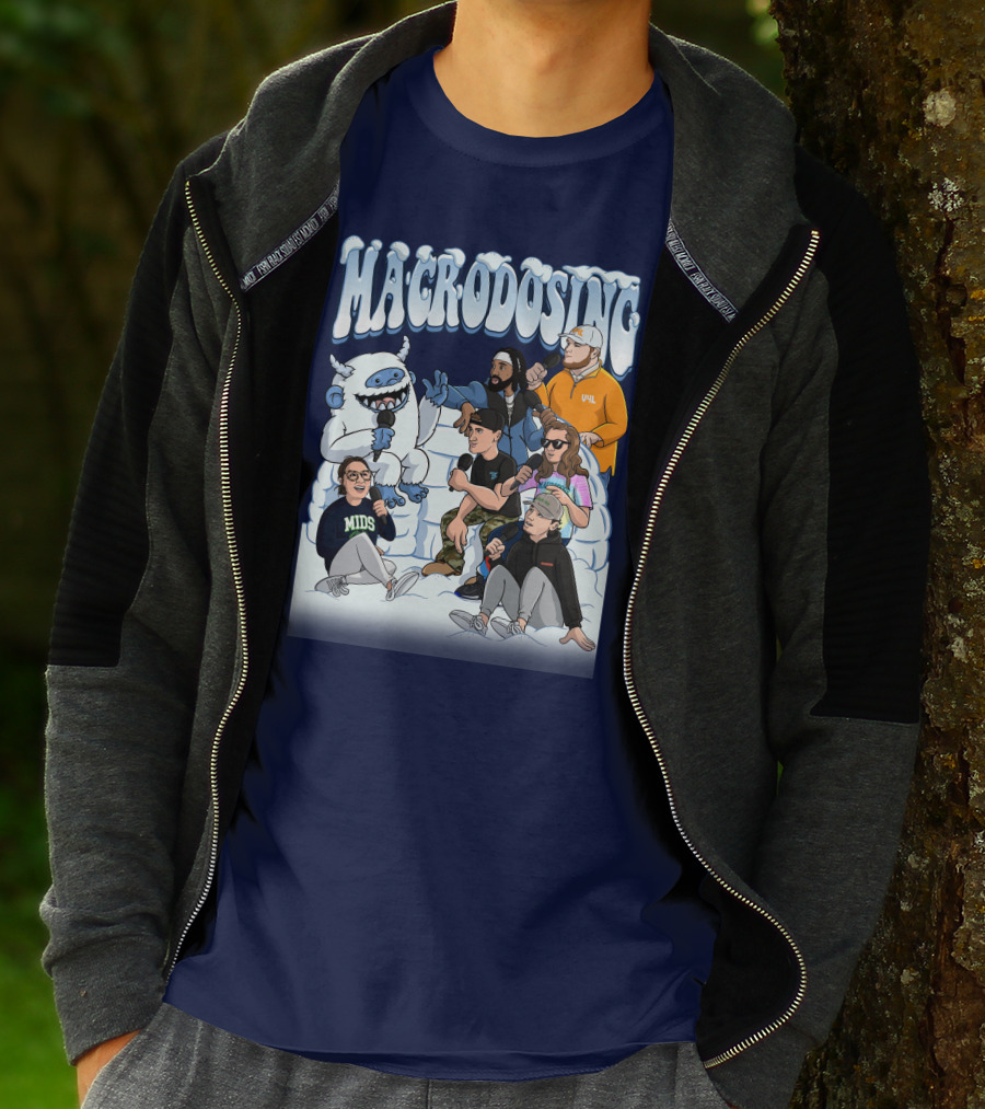 Macrodosing Yeti Podcast Group In Ice Fortress Scene With Microphones And Laughter T-Shirt