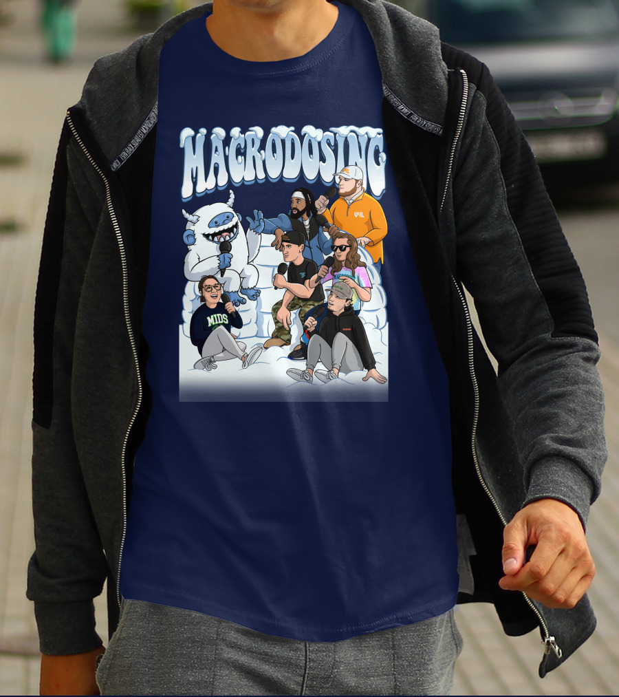 Macrodosing Yeti Podcast Group In Ice Fortress Scene With Microphones And Laughter T-Shirt
