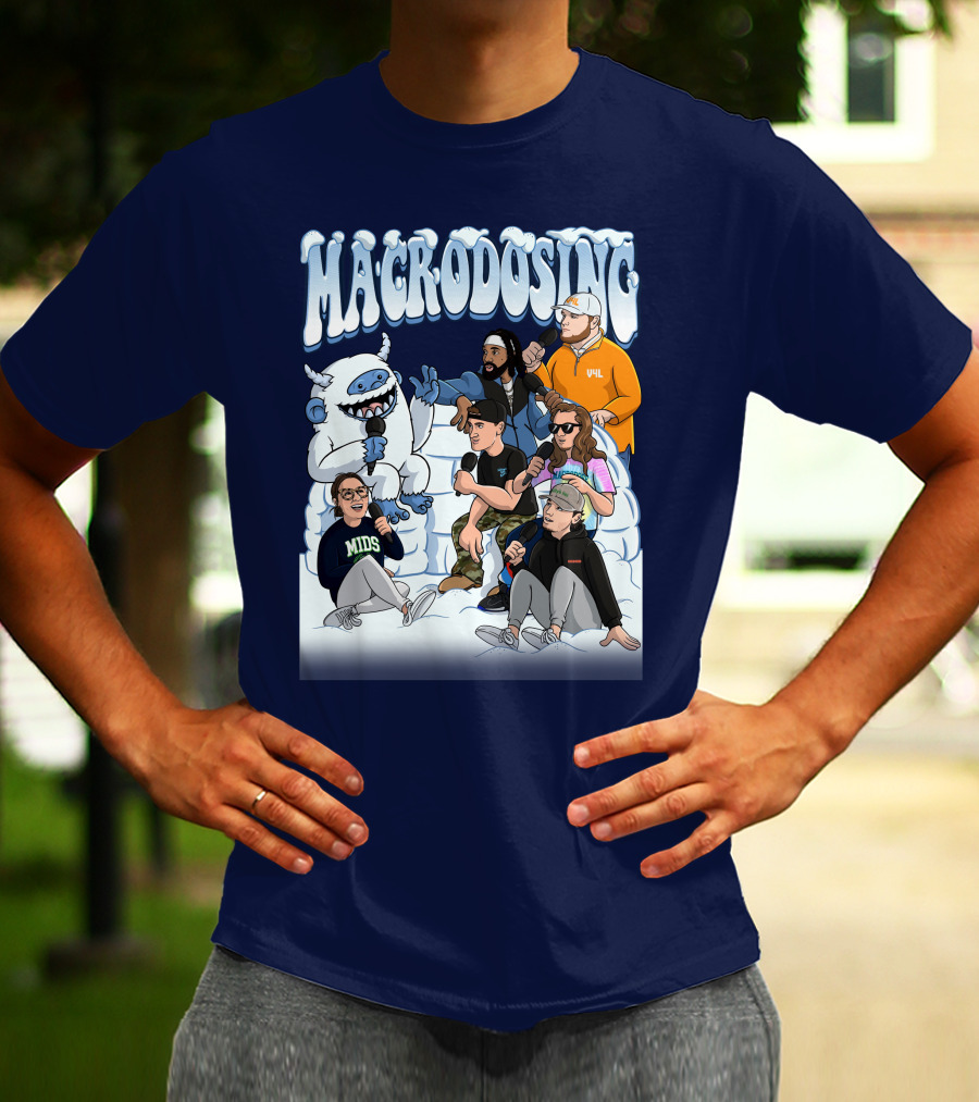 Macrodosing Yeti Podcast Group In Ice Fortress Scene With Microphones And Laughter T-Shirt