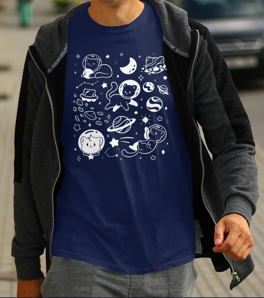 Helloapparel Cosmic Cat Astronaut Adventure With Stars And Planets T-Shirt